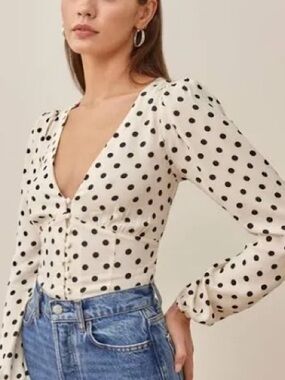 Reformation Polka Dot V-Neck Button Front Blouse Cream Size Small